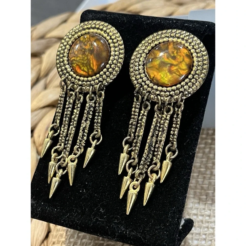 VTG Peacock Glass Chandelier Earrings Boho Chic Fairycore Old World Tribal
